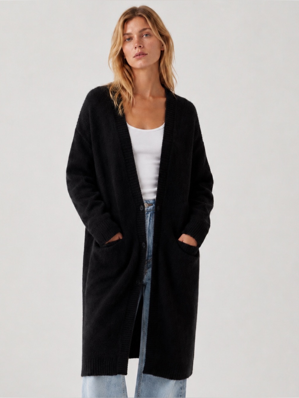 & Other Stories Alpacs Wool Midi Chunky Cardigan Sweater in Black